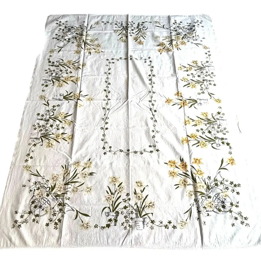 Vintage Mid Century Printed Cotton Tablecloth White Yellow Green Rectangle FLAWS